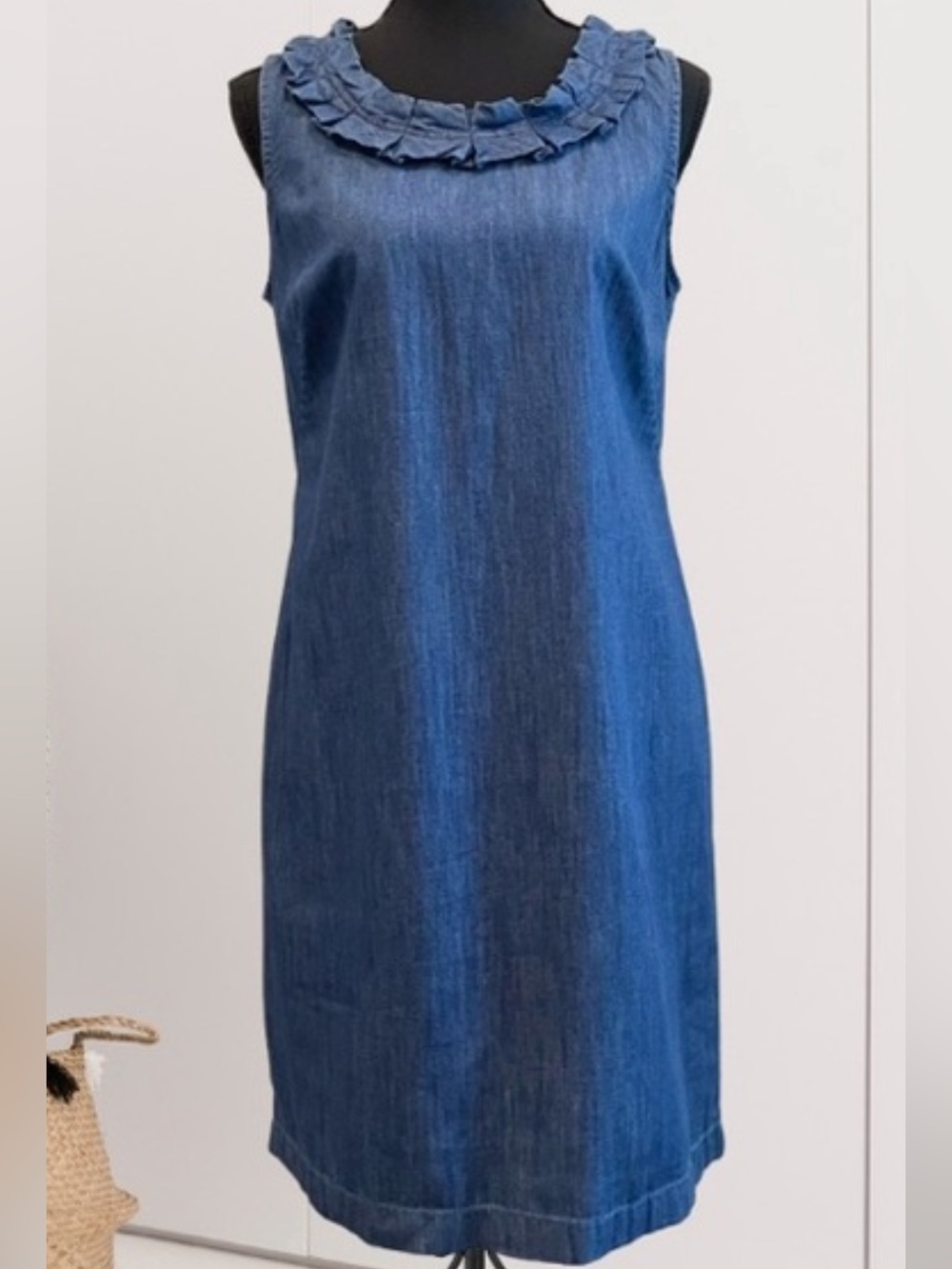 Talbots // 100% Cotton Sleeveless Blue Denim Ruffle-Neck Dress